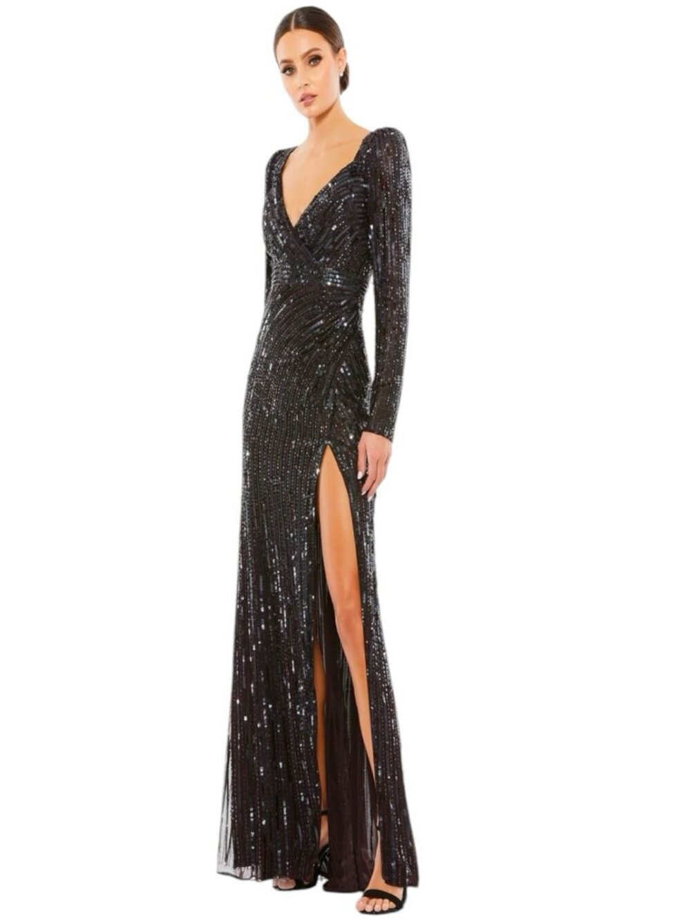 Mac Duggal 5379 High Slit Sequin Dress Long Sleeve Sz 4 Espresso Formal NWT